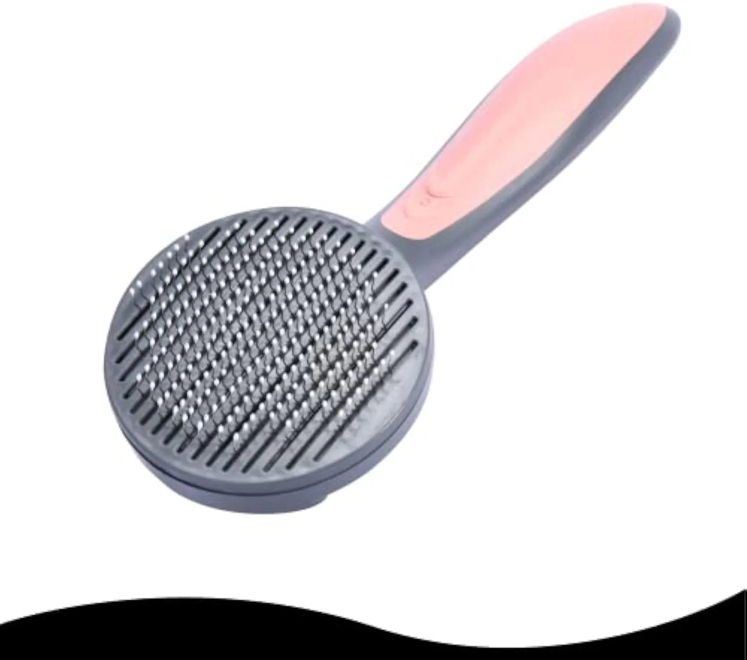 Grey, green, and pink self-cleaning slicker brush for cats and dogs with a non-slip handle.