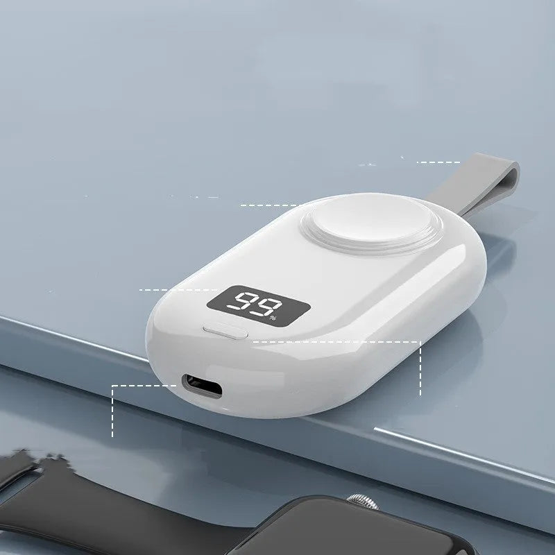 V5 smartwatch wireless power bank in black or white with Type-C port and compact design