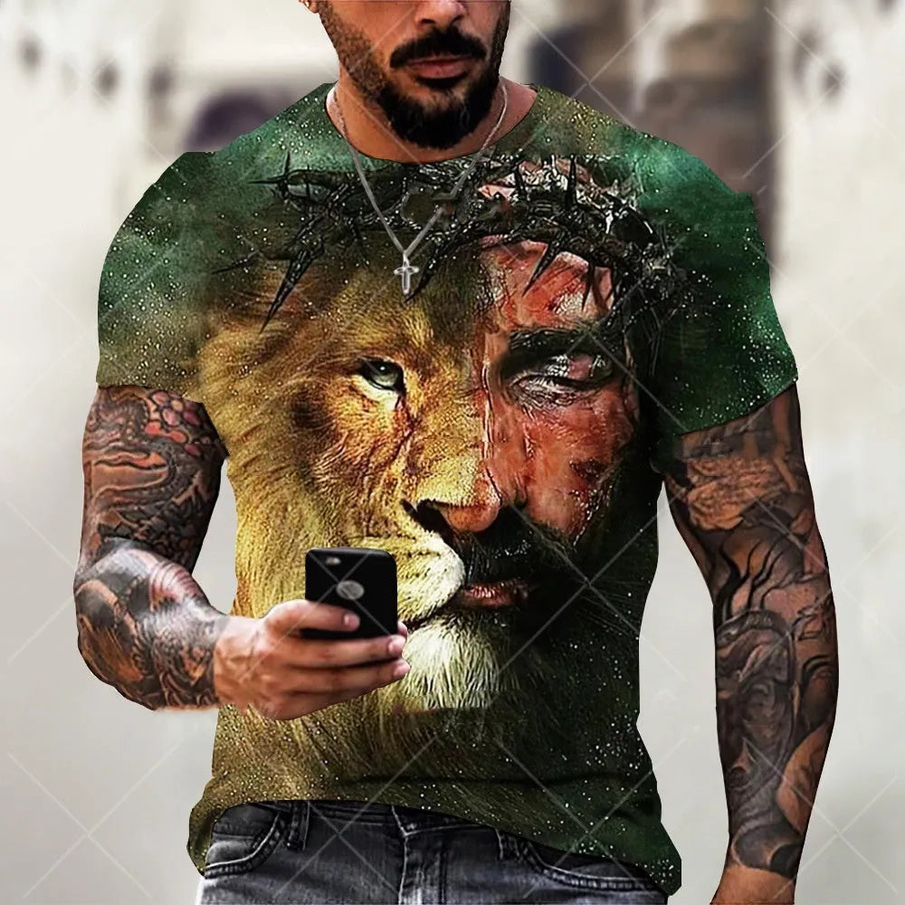 Men's grey T-shirt with a raised 3D printed Jesus pattern on the chest, short sleeves.