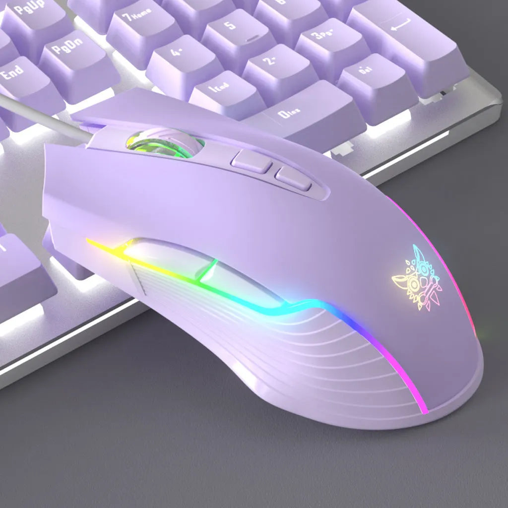 White and purple wired mechanical keyboard and mouse set with backlight
