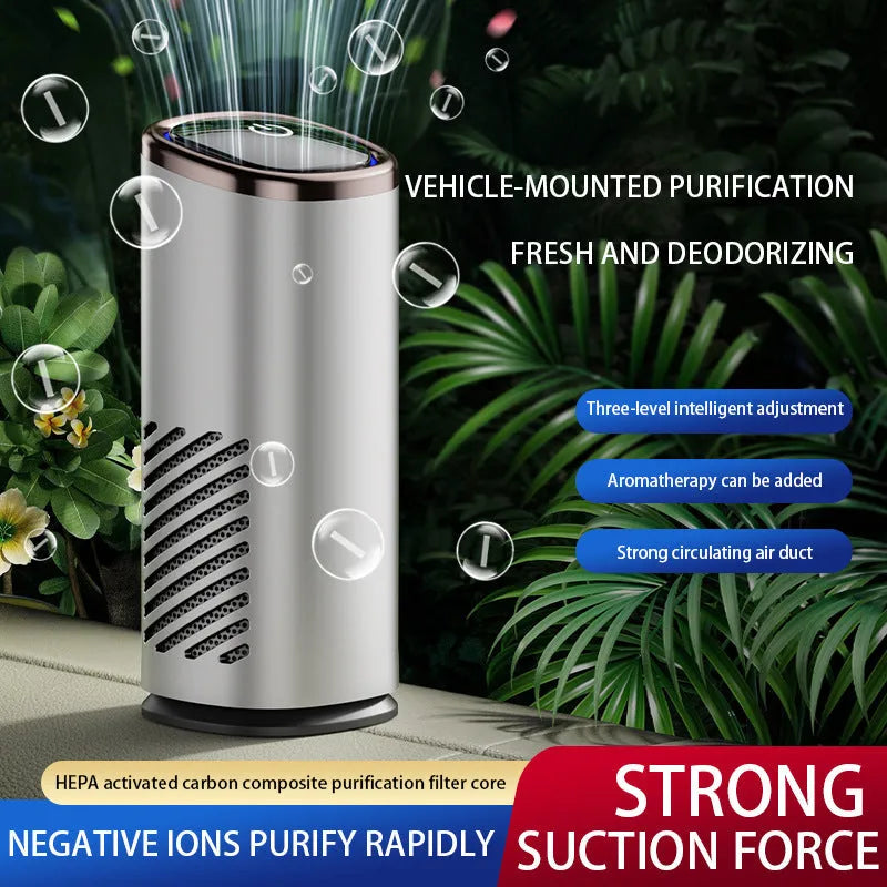 Mini portable car air purifier with anion technology, USB power, in silver, placed on a car dashboard for odour and smoke removal