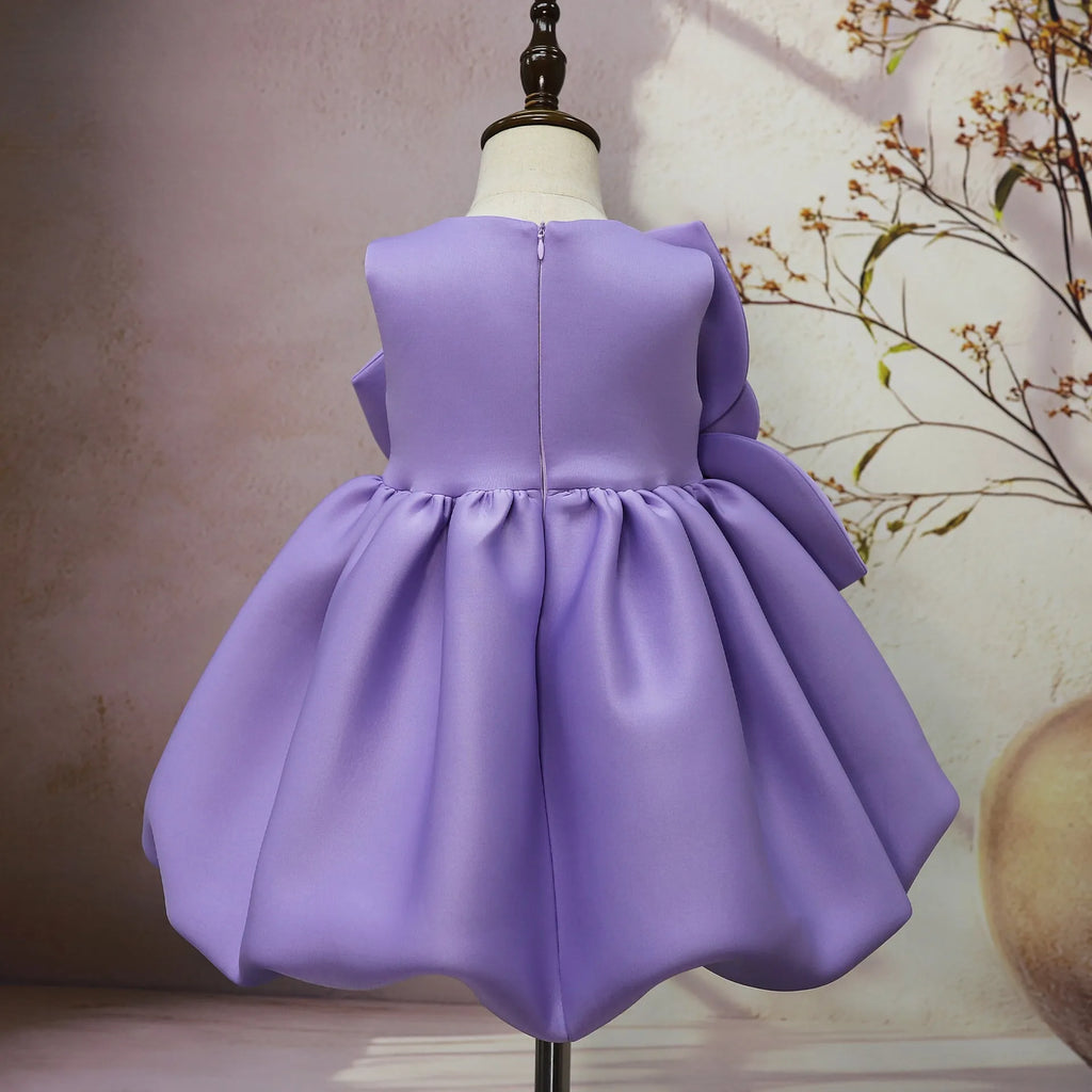 Purple solid colour big flower little girl dress in acetate fabric, available for heights 90cm to 130cm