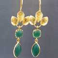 Gold drop-shaped copper earrings with French leaves tassel and water zircon detailing