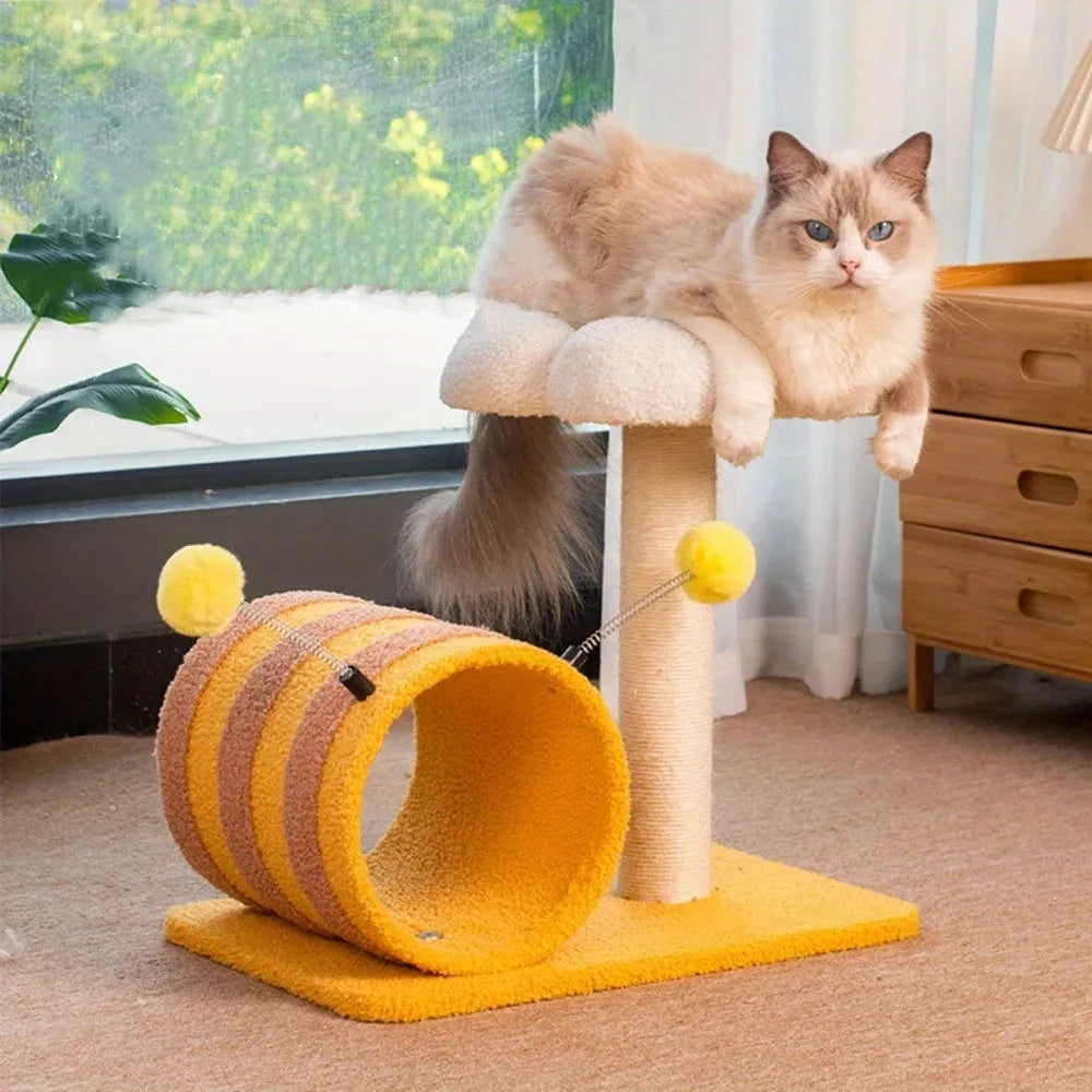 Yellow bee-themed cat climbing frame with sisal scratching posts and fabric tunnel