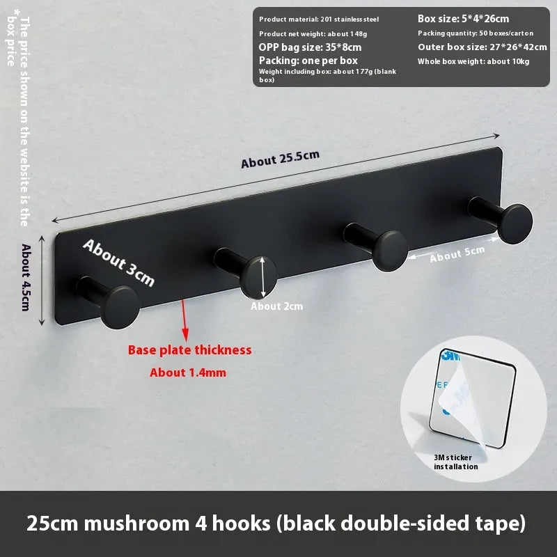 Mushroom design screwless clothes hook for shower doors in black or white, with 2, 3 or 4 hooks.