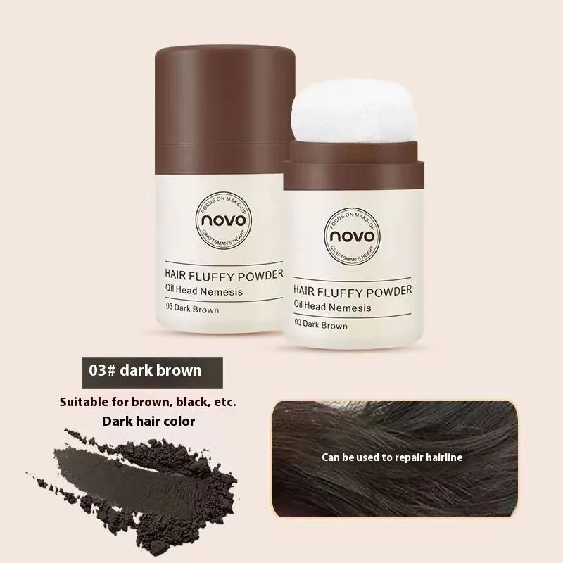 Oil control powder container showing transparent, brown, and dark brown powder variants for hair and facial application