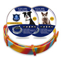 Rainbow coloured plastic flea collar for pets showing cat and dog size options.