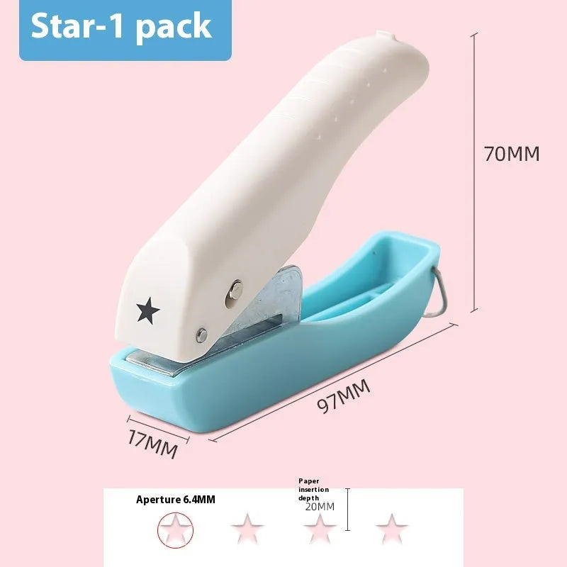 Manual craft punching machine with love heart, star, and round pattern heads for embossing.