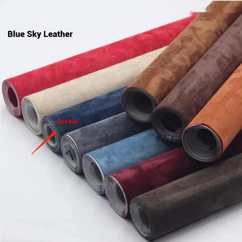 Self-adhesive leather suede sheet roll in multiple colour swatches showing black, brown, blue, and red.