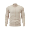 Man wearing a stand collar zip-front casual sweater in a solid colour, showing loose fit and front zipper detail.