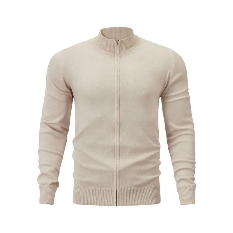 Man wearing a stand collar zip-front casual sweater in a solid colour, showing loose fit and front zipper detail.