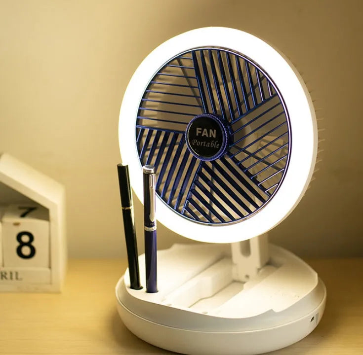 Blue or grey foldable USB desk fan with LED light showing wall mount and ceiling hanging options