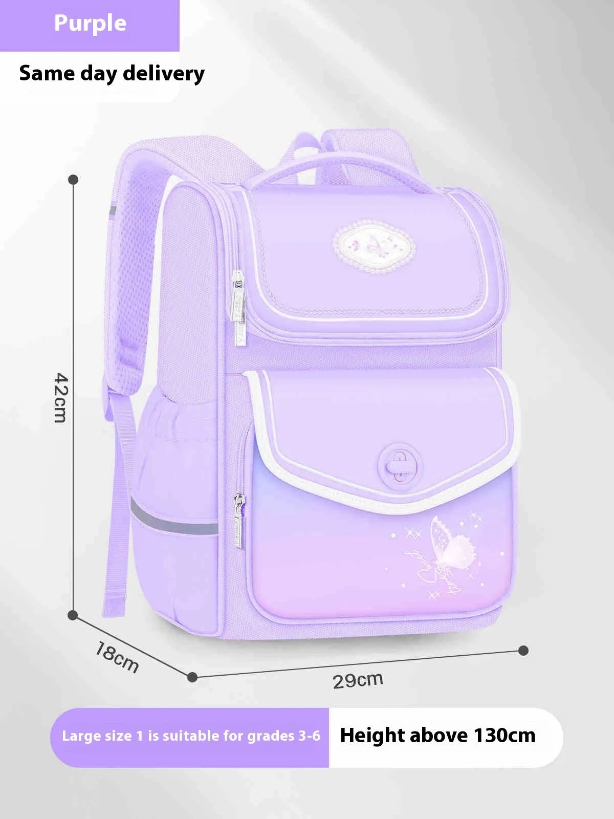 Girls waterproof schoolbag in pink, purple and green colours with large and small size options