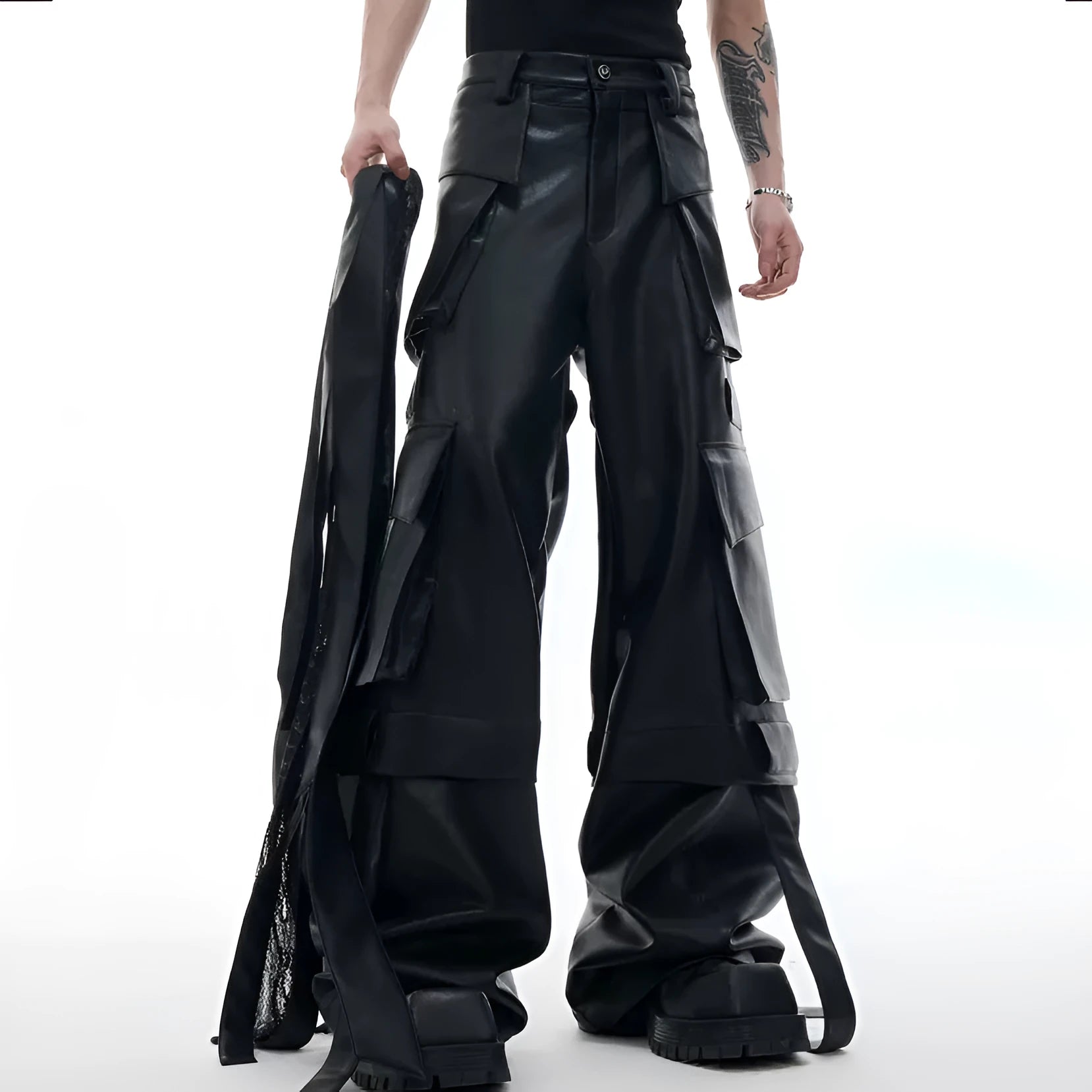 Black loose fit men's retro pants with quilted ribbon detailing and multiple pockets