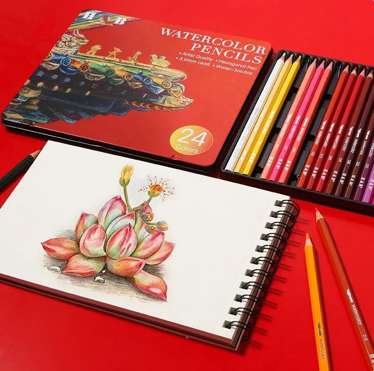 Box of 24 water-soluble coloured pencils in a professional silver metal brush-iron case.