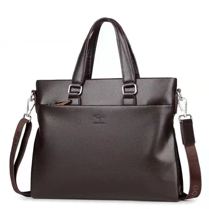 Men's black PU leather messenger bag with crossbody strap and splicing design