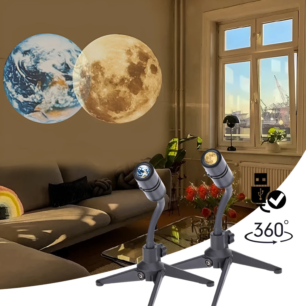Star projector lamp showing earth projection on wall with adjustable rotating bracket and USB cable