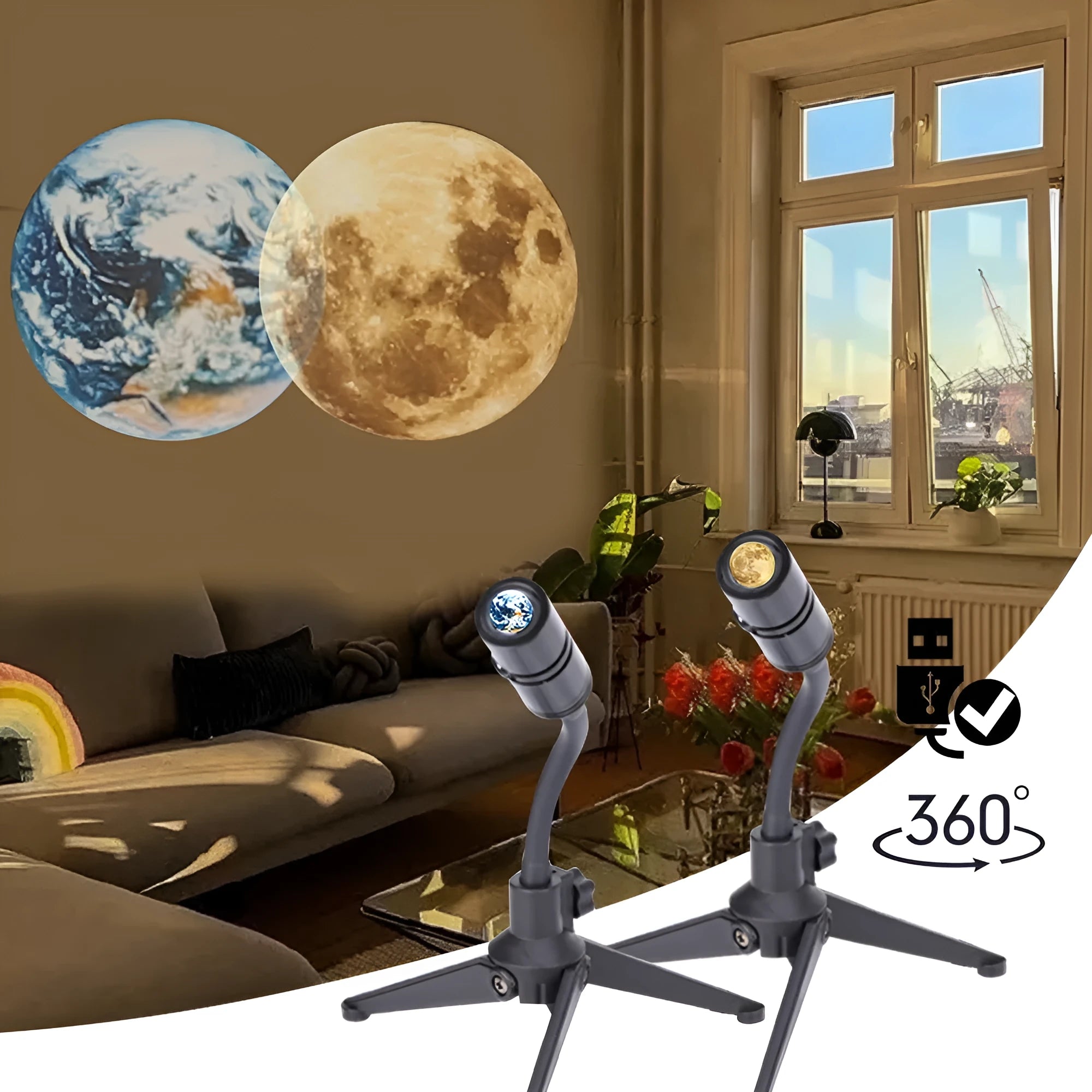 Star projector lamp showing earth projection on wall with adjustable rotating bracket and USB cable