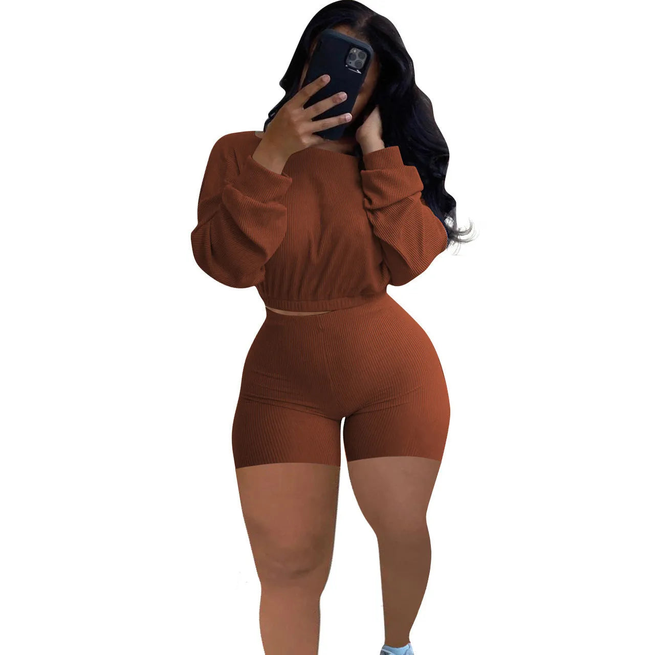 Ladies' solid colour off-the-shoulder long sleeve top and shorts two-piece set