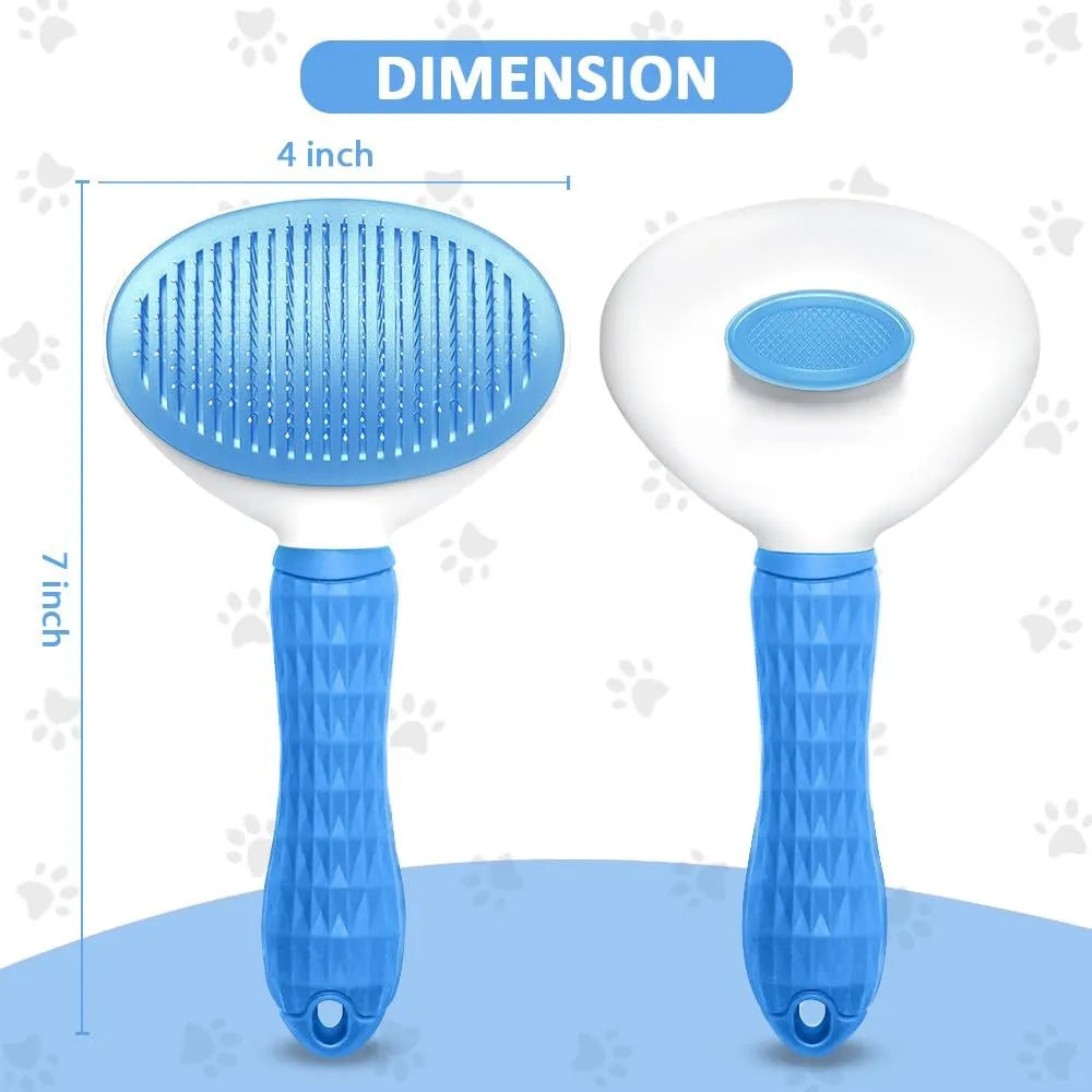 Blue cat grooming brush with release button for removing loose fur and tangles