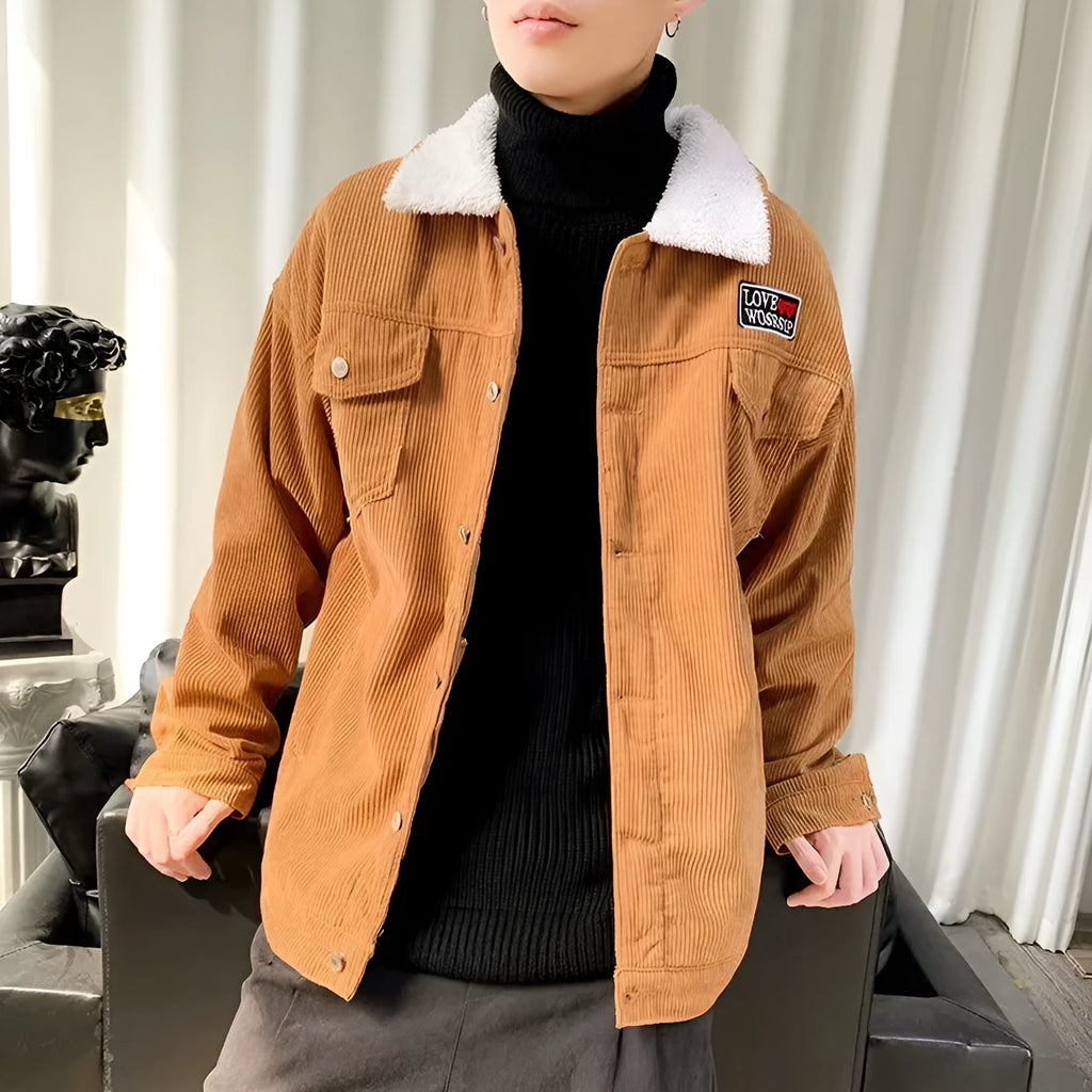 Corduroy workwear jacket in khaki colour with size stick pockets and regular sleeves