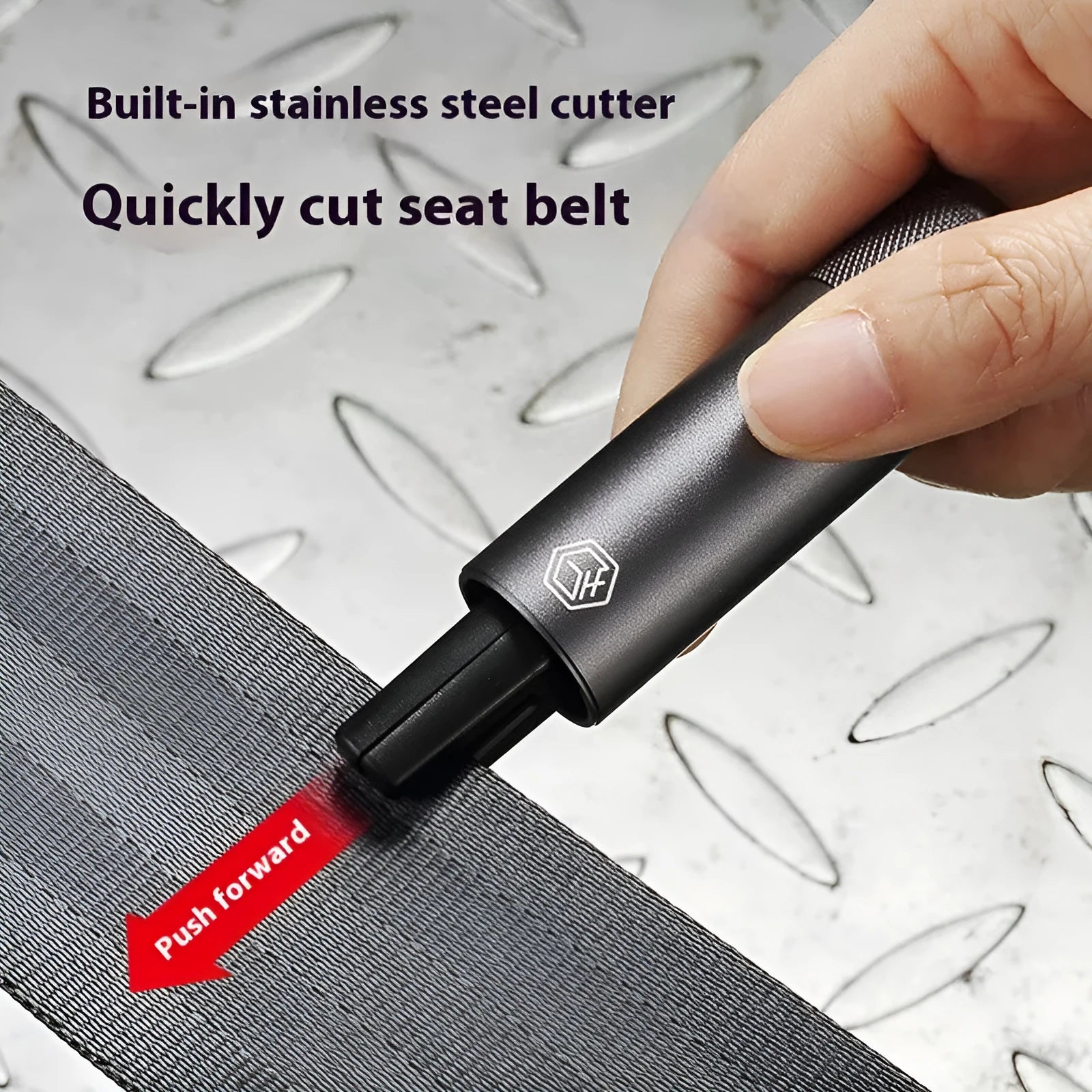 Gun grey aluminium car safety hammer with seatbelt cutter measuring 87mm long