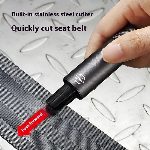 Gun grey aluminium car safety hammer with seatbelt cutter measuring 87mm long