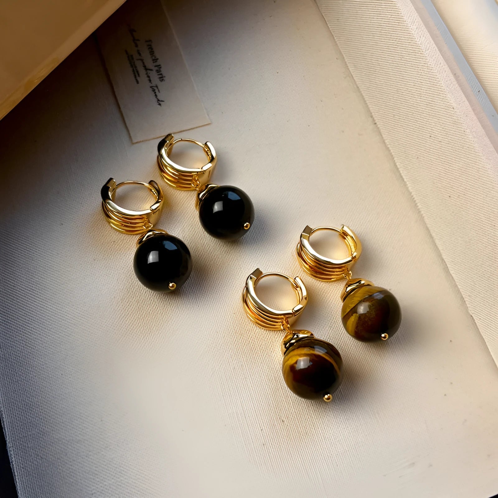 Tigereye geometric earrings with real gold plating in French retro style, available in brown and black colours