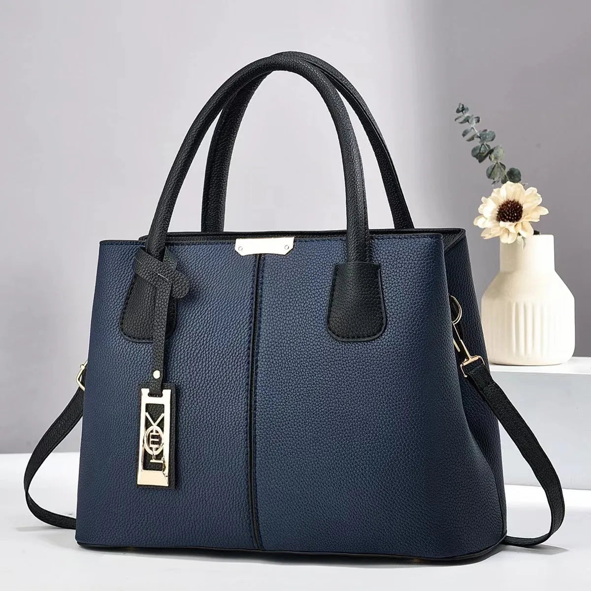 Women's large capacity square shoulder bag in soft PU leather with leather strap