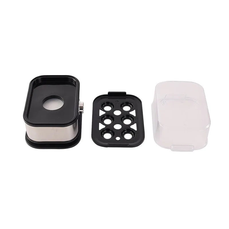 Black stainless steel portable egg boiler with a compact belt-like design for travel