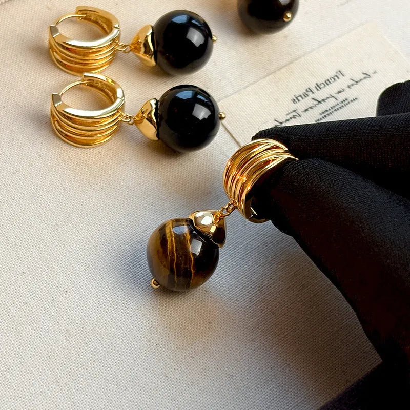 Tigereye geometric earrings with real gold plating in French retro style, available in brown and black colours