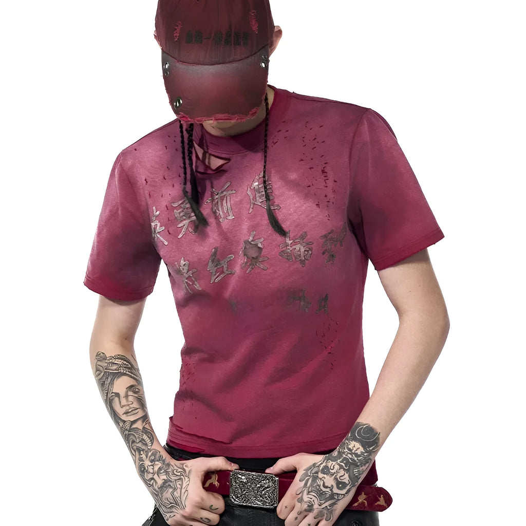 Red slim-fit men's t-shirt with distressed washed finish and short sleeves