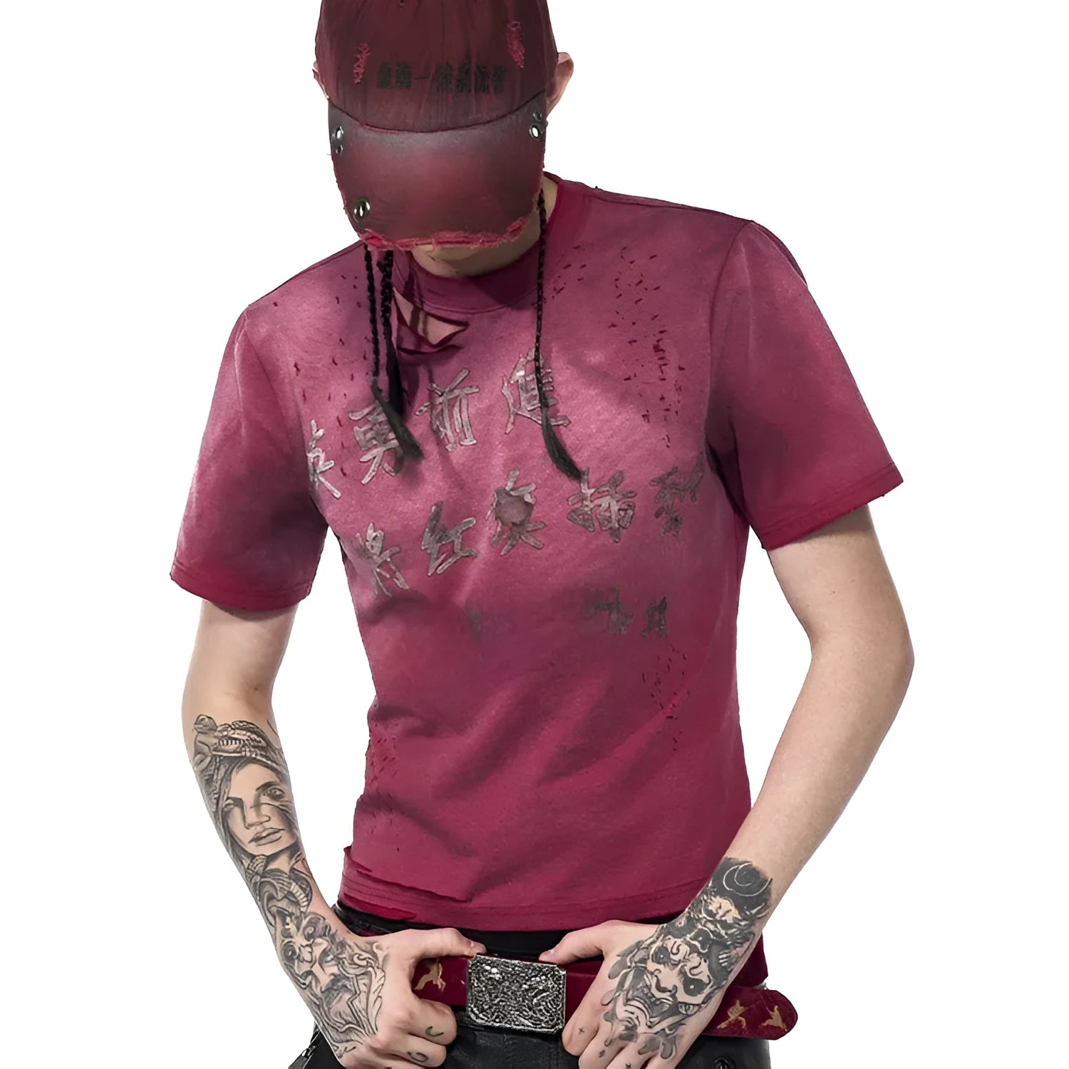 Red slim-fit men's t-shirt with distressed washed finish and short sleeves