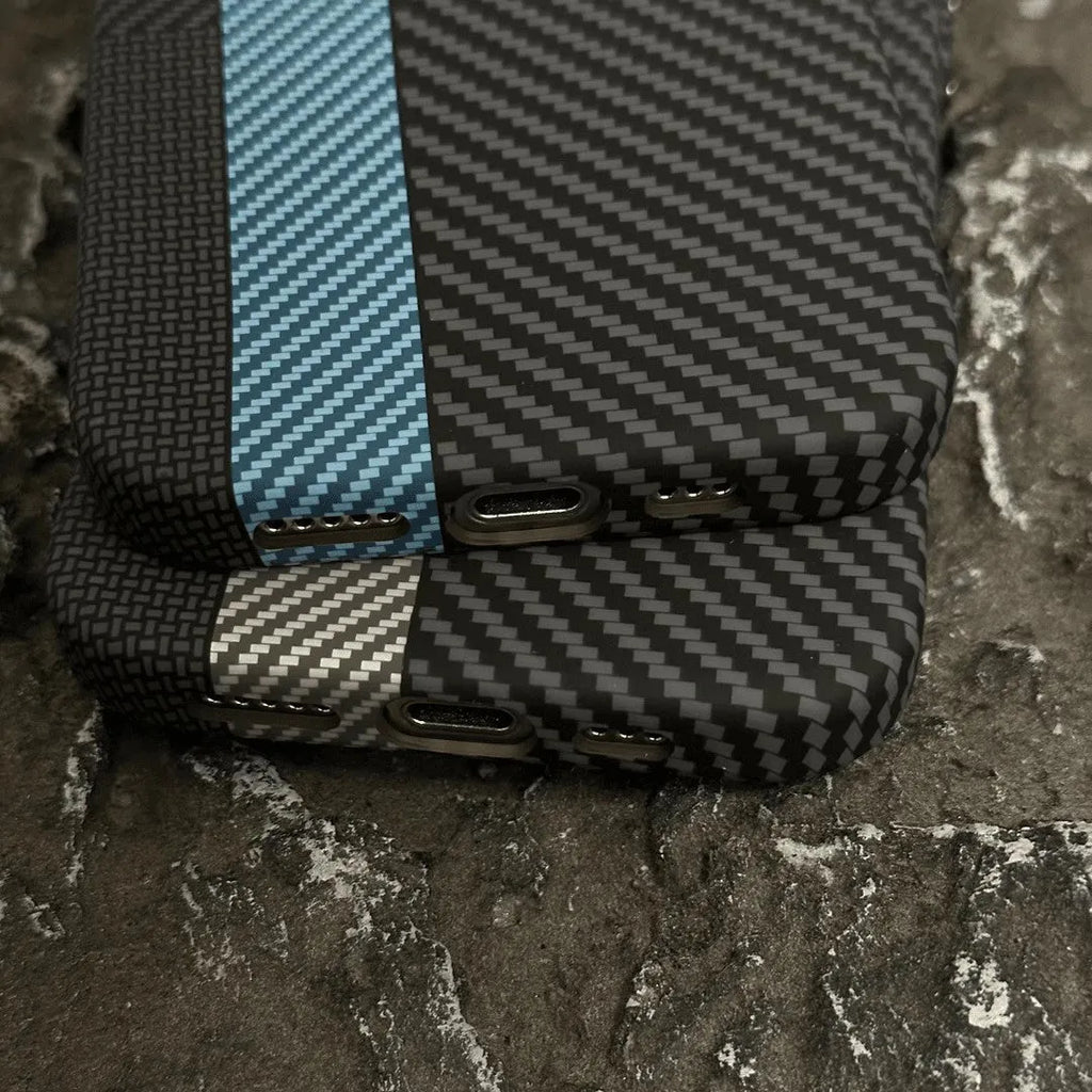 Carbon fiber grain magnetic phone case for iPhone 15 in grey finish with textured surface and camera cutout