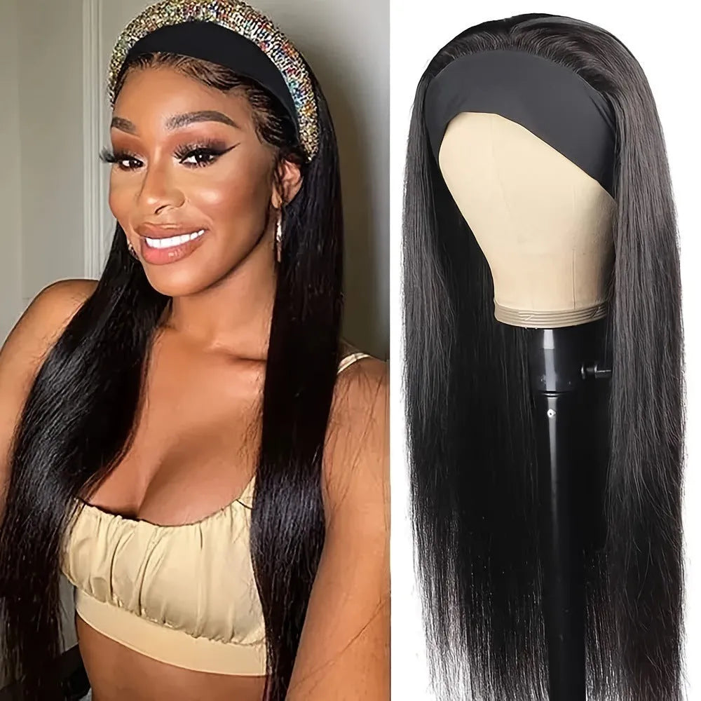 Headband wig with synthetic hair in straight or curly styles and wine red colour option