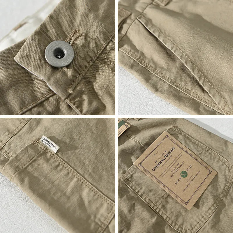 Young men's cotton straight-leg workwear casual trousers in apricot, brown, and army green, sizes 29 to 38