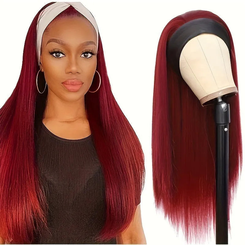 Headband wig with synthetic hair in straight or curly styles and wine red colour option