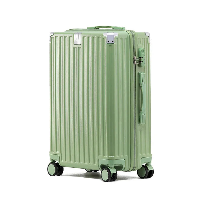 Aluminium frame ABS PC suitcase in avocado green colour with USB port and universal wheels.