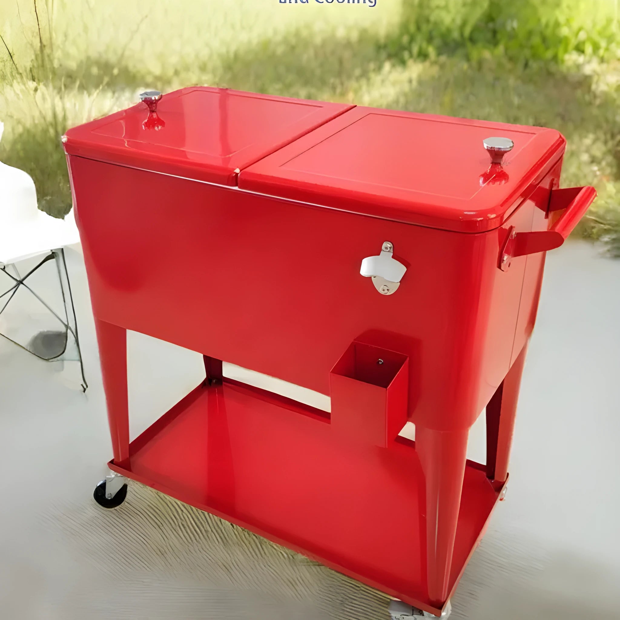 Red outdoor metal insulated trolley cooler with wheels and a 750ml capacity.