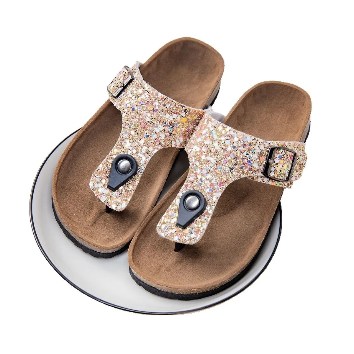 Cork flip-flops in gold with frosted finish and non-slip sole