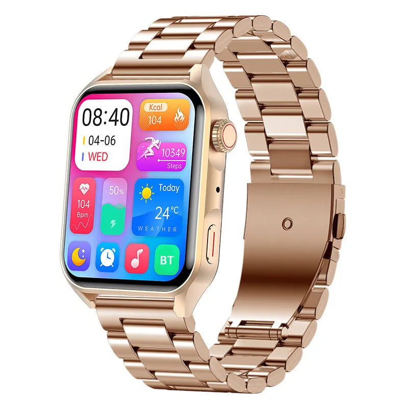 AMOLED NFC smart watch with 1.8 inch display in black colour showing multiple watch faces and magnetic charger
