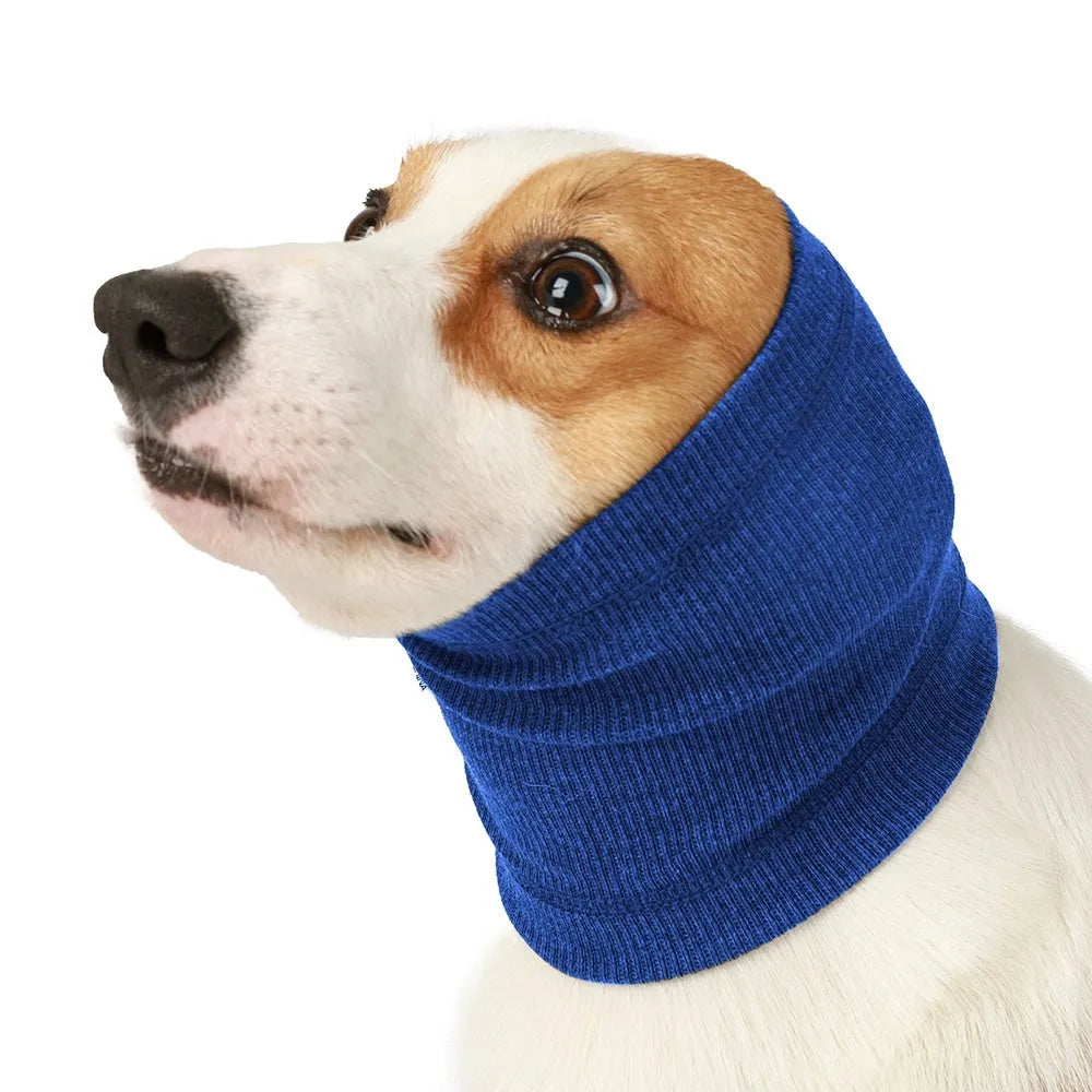 Blue polyester dog comforter headband scarf wrapped around a dog's neck showing S, M, L size options
