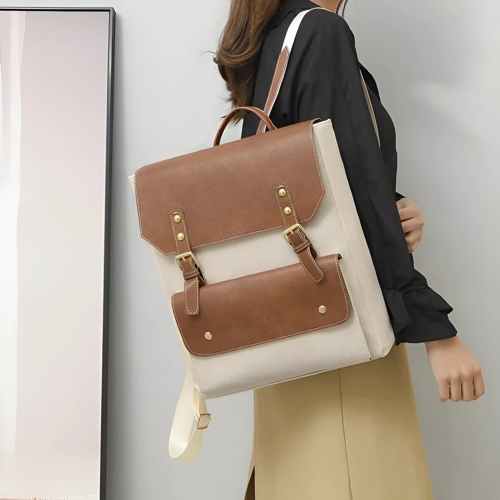 Korean retro simple backpack in black, brown, creamy white, and dark brown colours