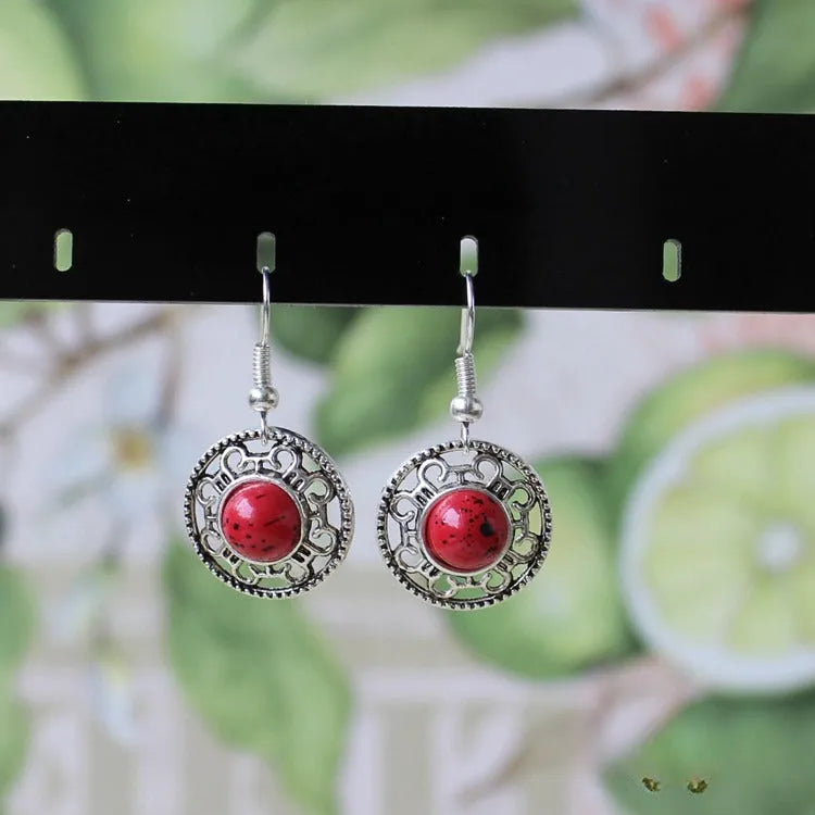 Handmade Miao silver retro turquoise flower disk earrings with geometric shape and ethnic patterns