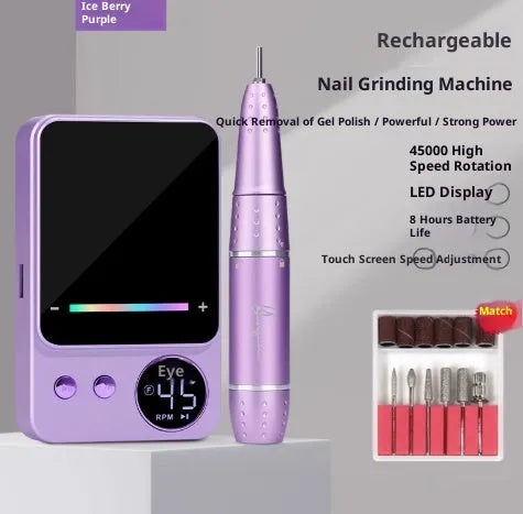 Rechargeable electric nail buffing machine with USB charging in dark gray and purple colours, standard and family versions