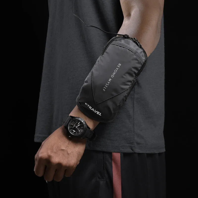 Lightweight reflective running arm bag worn on arm with 7-inch capacity for outdoor sports.