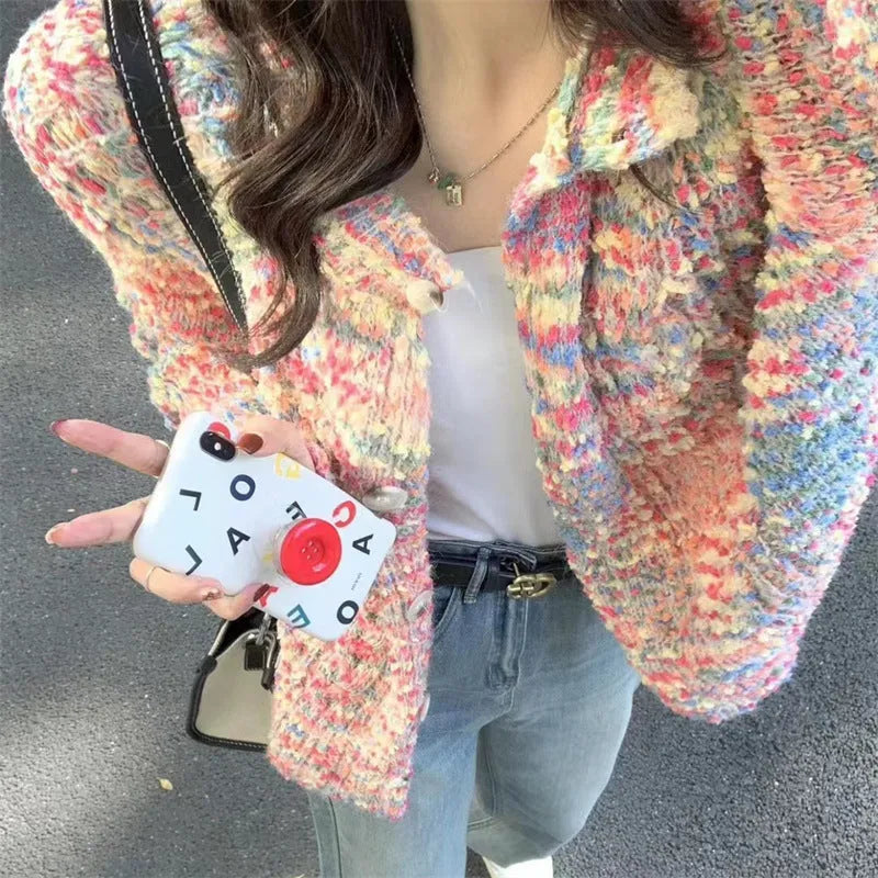 Rainbow pattern knitted cardigan in green or pink with slim fit and regular sleeves
