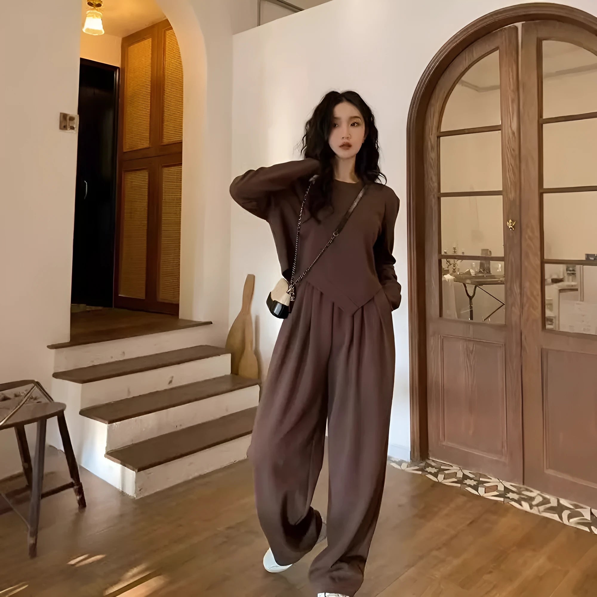 Women's casual sports suit set in khaki colour with top and trousers