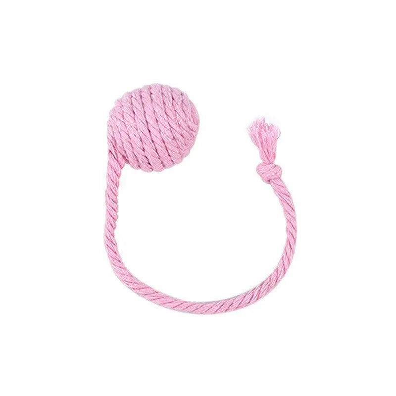 Colourful cat toy ball with rope handle and internal bell in 6cm or 3cm sizes