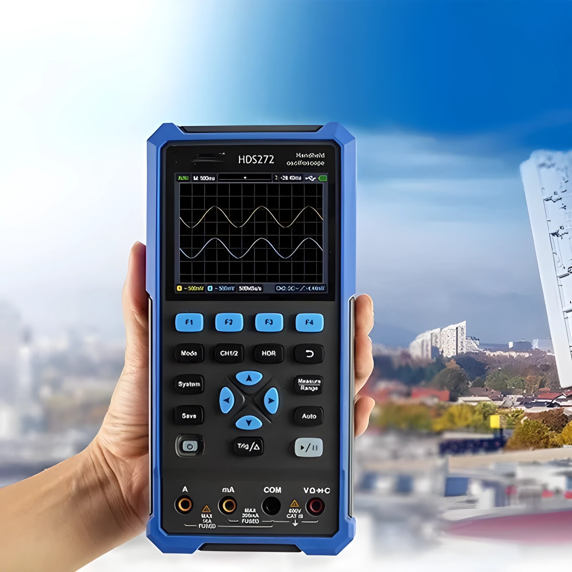 Owon HDS272 handheld digital oscilloscope with probes on automotive engine diagnostic testing